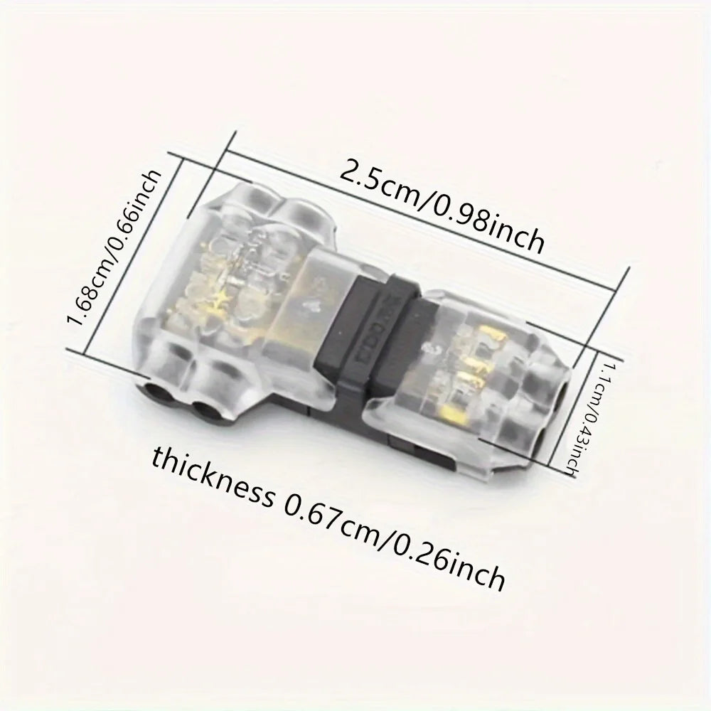 A close-up view of a clear plastic quick wire connector with electrical terminals and dimension lines.