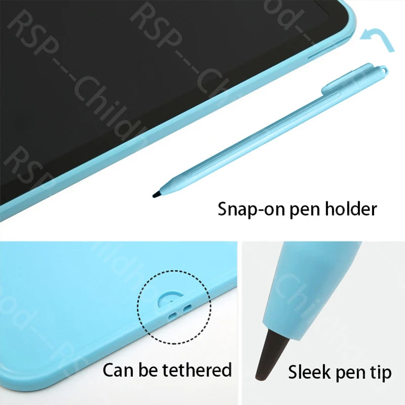 Tablette d'écriture LCD bleue pour enfants avec porte-stylo à clip et pointe élégante.