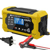 A yellow 12V intelligent pulse repair charger with an LCD display and clamp is shown.