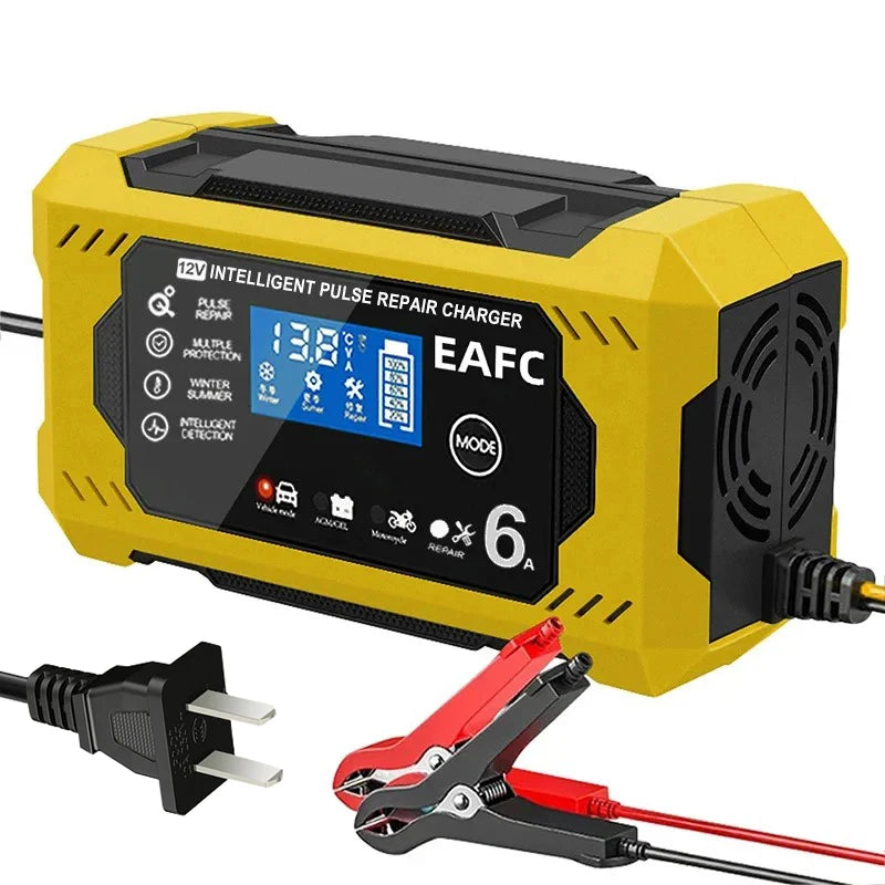 A yellow 12V intelligent pulse repair charger with an LCD display and clamp is shown.