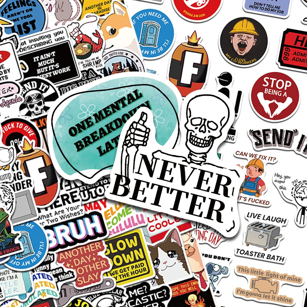 A collection of funny cartoon meme vinyl stickers featuring various text and illustrations.
