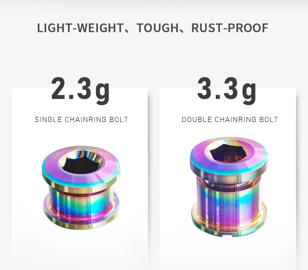 Comparison of a single chainring bolt (2.3g) and a double chainring bolt (3.3g) made from titanium alloy.