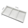 White plastic drawer organizer tray with three compartments, measuring 19.5cm long and 2cm deep.