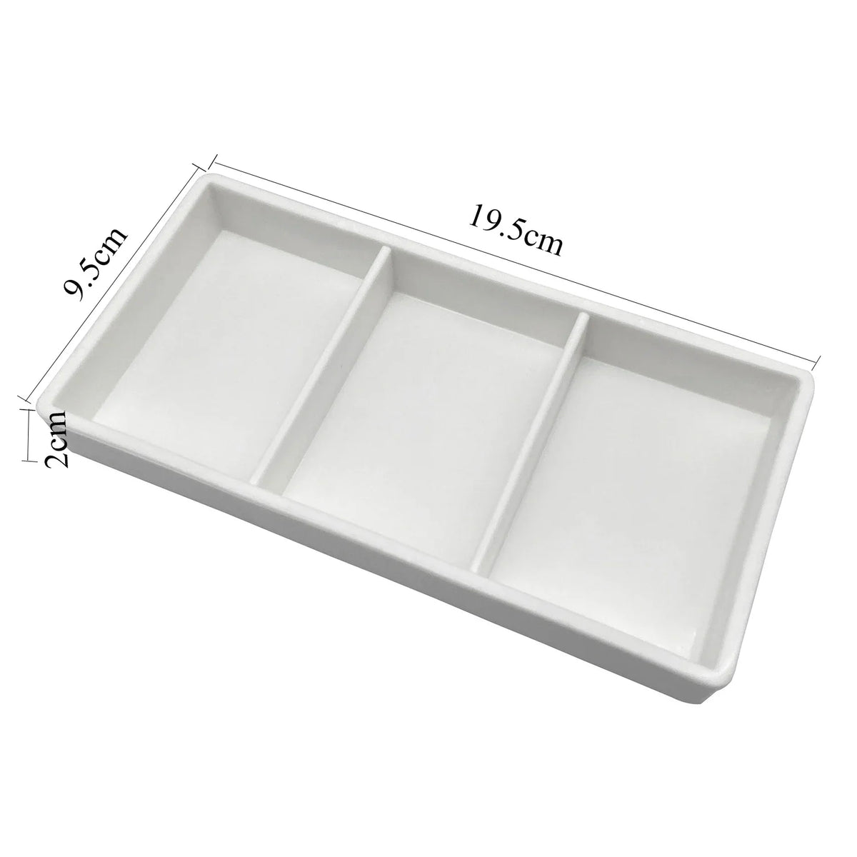 White plastic drawer organizer tray with three compartments, measuring 19.5cm long and 2cm deep.