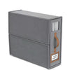 A gray foldable bedding storage box with a clear window and a wooden handle.
