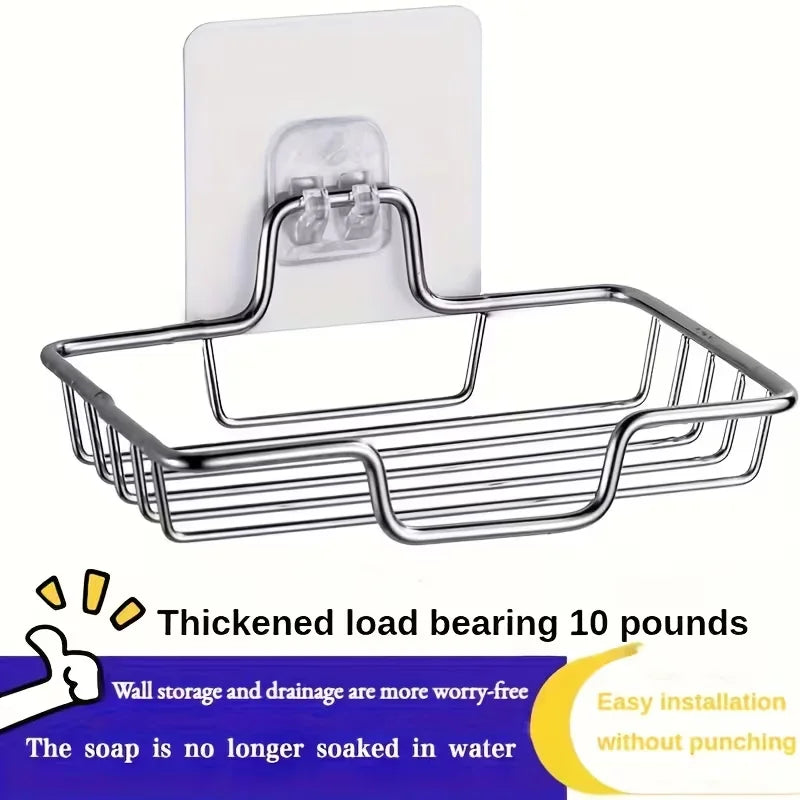 Stainless steel wall-mounted soap dish with a wire rack and adhesive installation kit