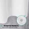 A white shower curtain liner with magnetic closures is shown against a gray background.