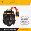 A black Toughbuilt tool belt pouch with yellow accents and a red arrow indicating stitching.