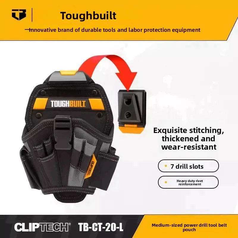 A black Toughbuilt tool belt pouch with yellow accents and a red arrow indicating stitching.