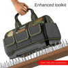 A hand holds a heavy-duty camouflage tool kit bag with a reinforced base, featuring olive green and black colors.
