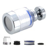 A silver faucet water purifier assembly with a rotating head and various filter components.