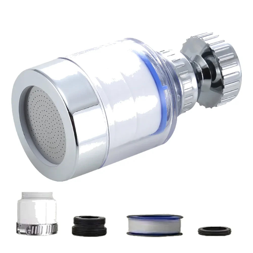 A silver faucet water purifier assembly with a rotating head and various filter components.