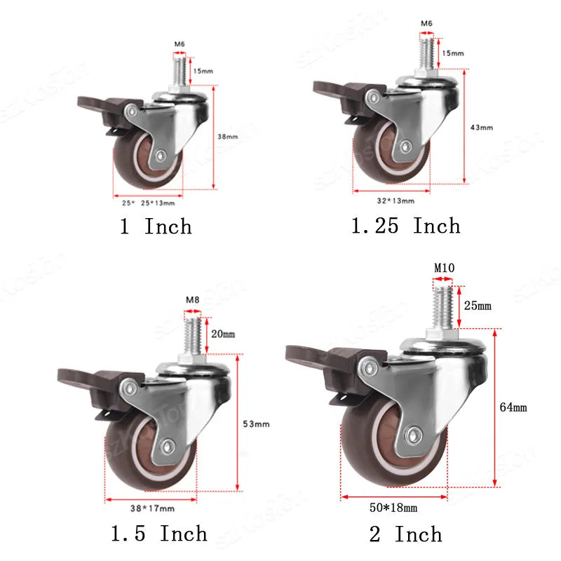 Set glatter Möbelrollen in verschiedenen Größen, darunter 1 Zoll, 1,25 Zoll, 1,5 Zoll und 2 Zoll.