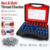 A black thread checker tool with various metric and inch sizes of bolts and nuts included for quick identification.