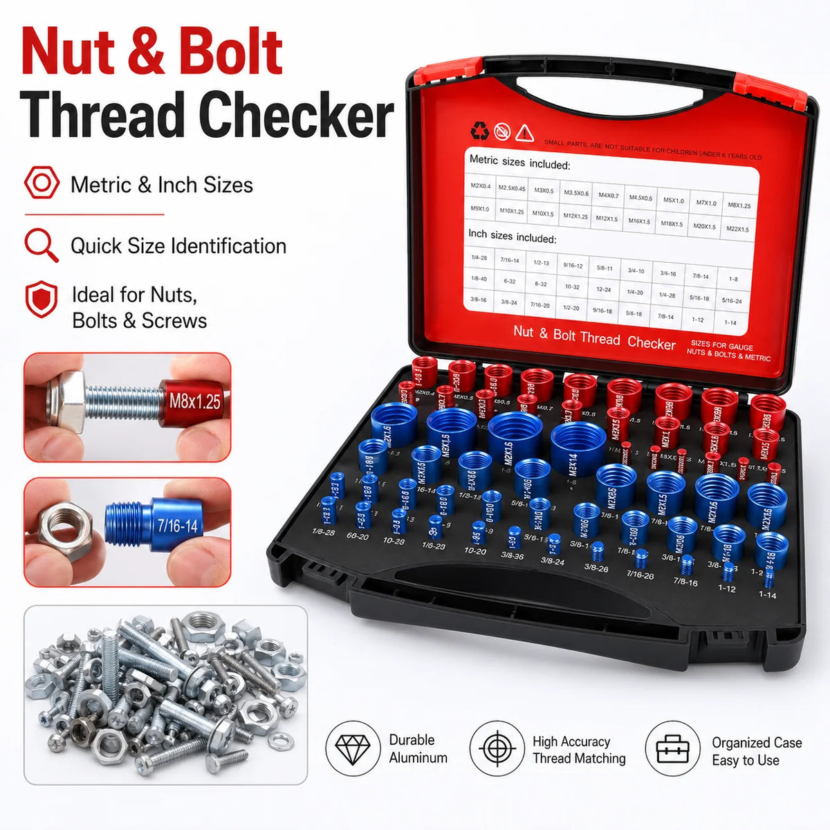 A black thread checker tool with various metric and inch sizes of bolts and nuts included for quick identification.