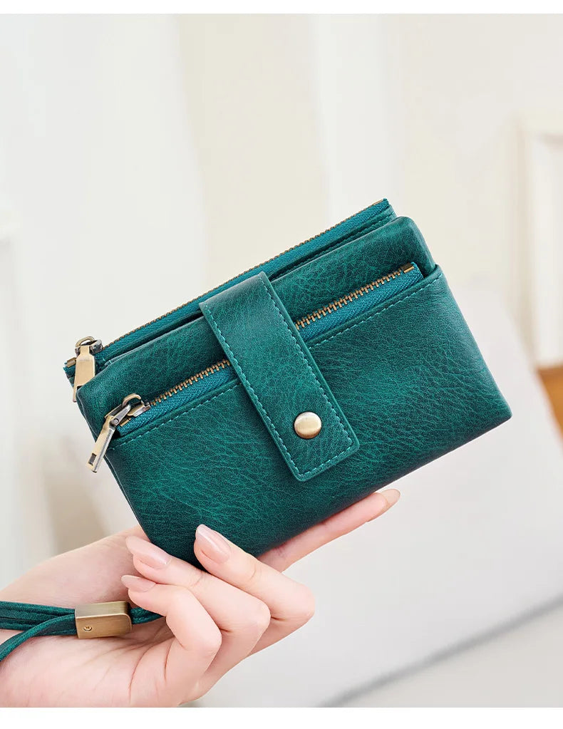 Vintage RFID-Blocking Triple-Fold Wallet with Double Zipper