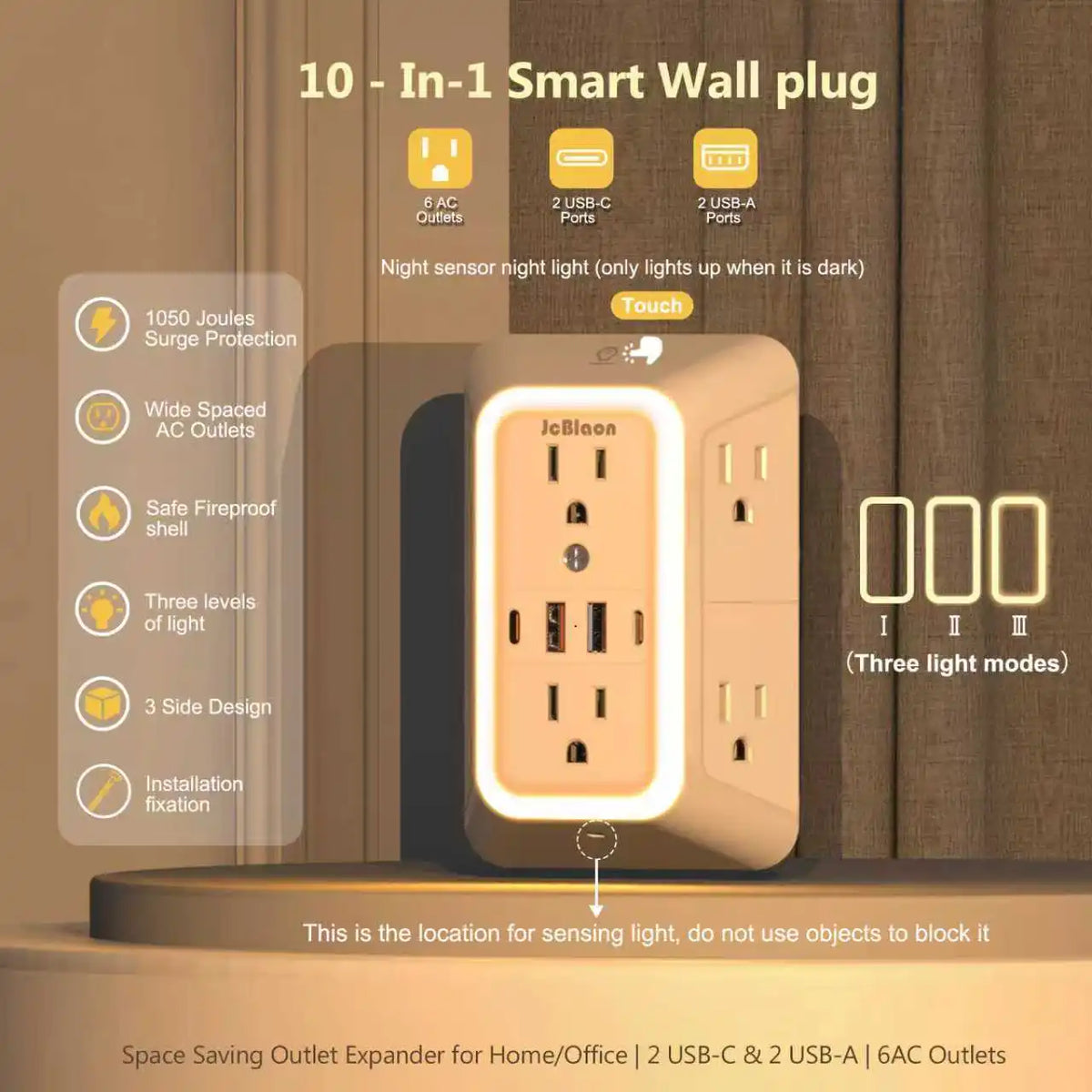 A beige wall plug featuring AC outlets, USB ports, and a night sensor light.