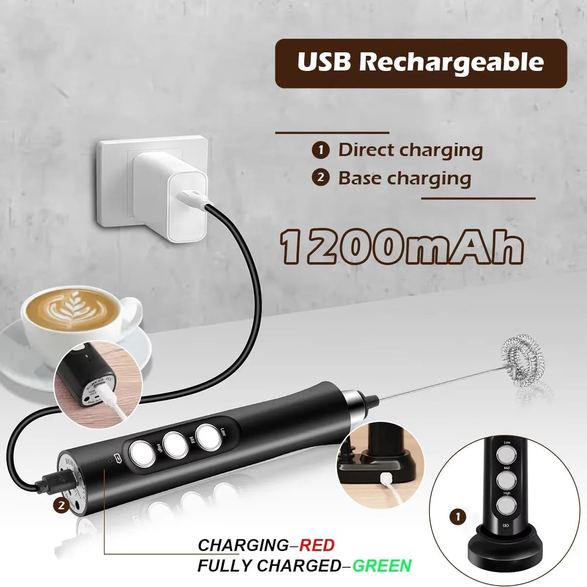 A black USB rechargeable electric milk frother with a charging base and a separate whisk attachment.