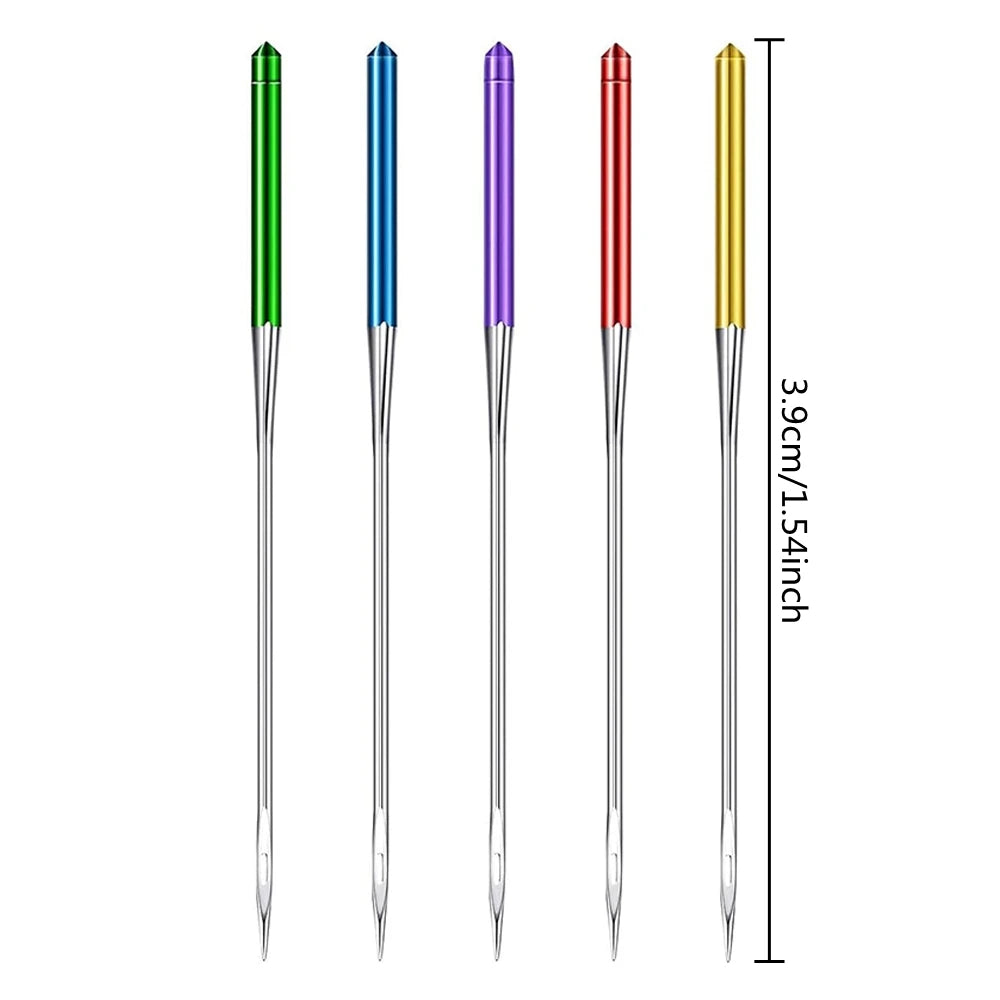 Three anti-jump sewing machine needles in green, blue, and purple displayed vertically.
