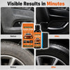 Before and after images showing the restoration of car headlights and tire sidewalls using a black lotion kit.