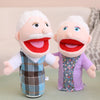 Two soft plush hand puppets, one white-bearded man and one white-haired man, are shown against a light background.