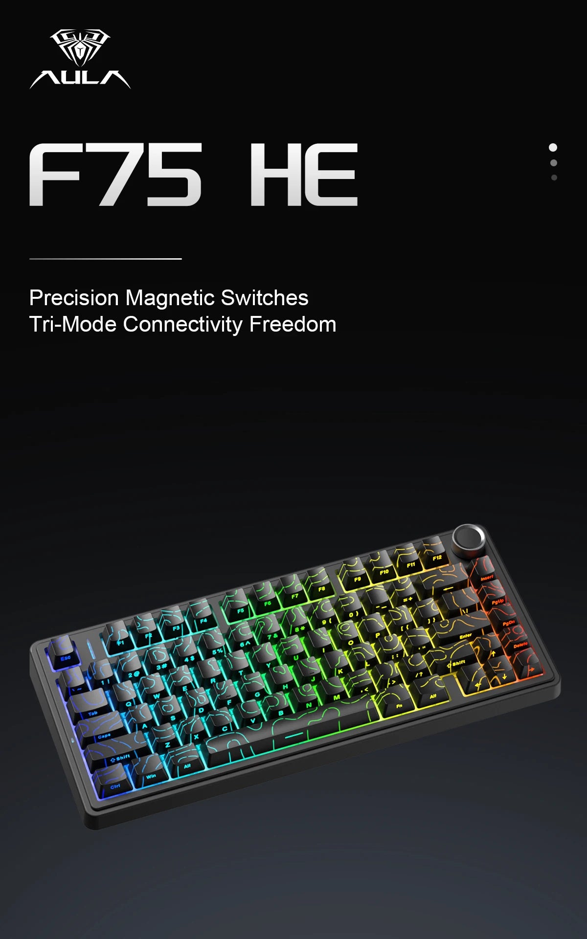A close-up view of the AULA F75 HE mechanical keyboard with colorful keycaps and RGB lighting.