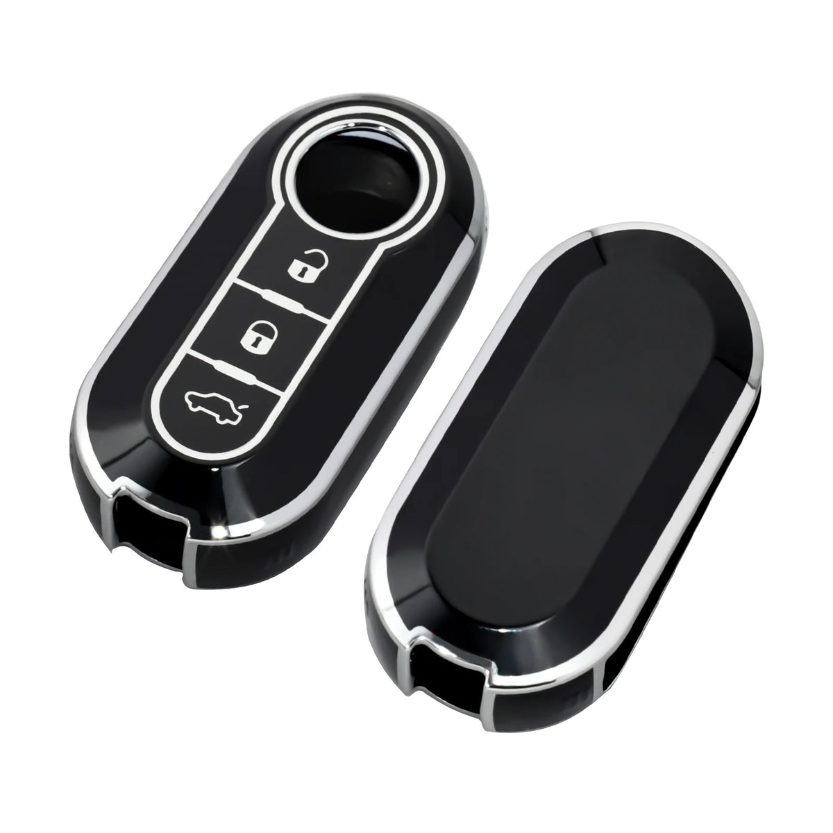 A black luxury leather key case with a slot for a key and a separate compartment.