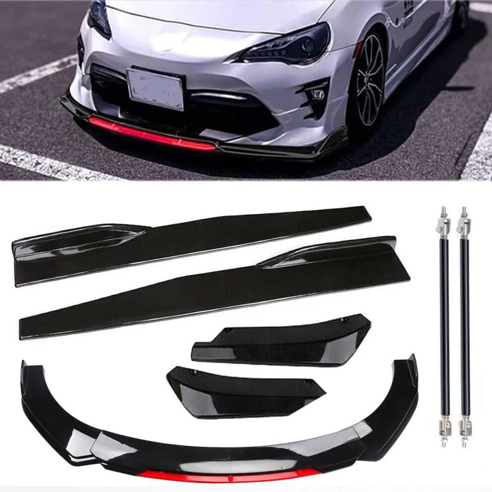 Black and red front bumper lip spoiler and side skirt kit for a car