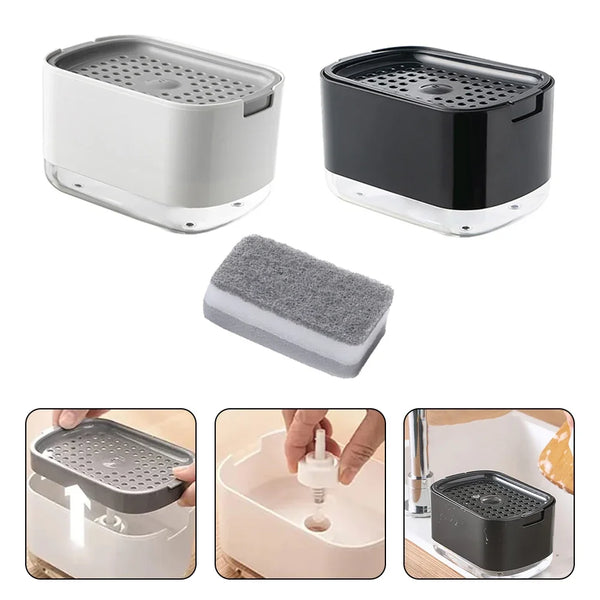 A 2-in-1 dish soap dispenser featuring a sponge holder and a black and white plastic container.