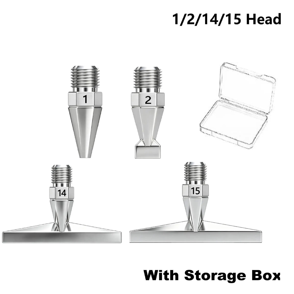 Stainless steel diamond painting pen tip set with screw-on handles including 1, 2, 14, and 15 heads with a storage box