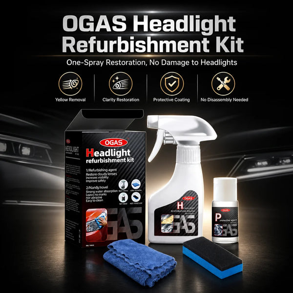 OGAS headlight refurbishment kit showing a spray bottle, cleaning cloth, and black coating on a dark background.