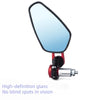 A close-up view of a motorcycle rearview mirror with a blue lens and an aluminum alloy mounting.