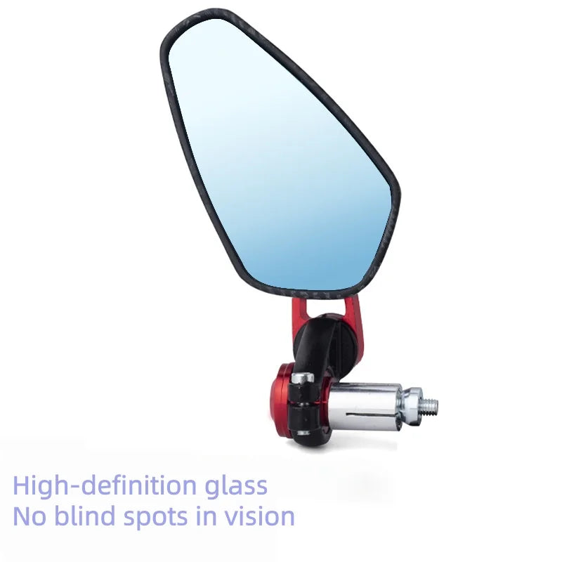 A close-up view of a motorcycle rearview mirror with a blue lens and an aluminum alloy mounting.