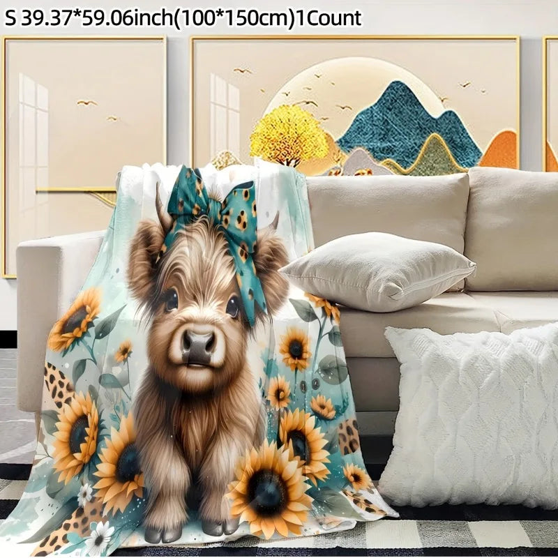 A fluffy brown Highland cow puppy wearing a teal bow is featured on a floral patterned fabric blanket.