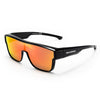 A pair of black sunglasses with orange-tinted lenses and a black frame, shown against a white background.