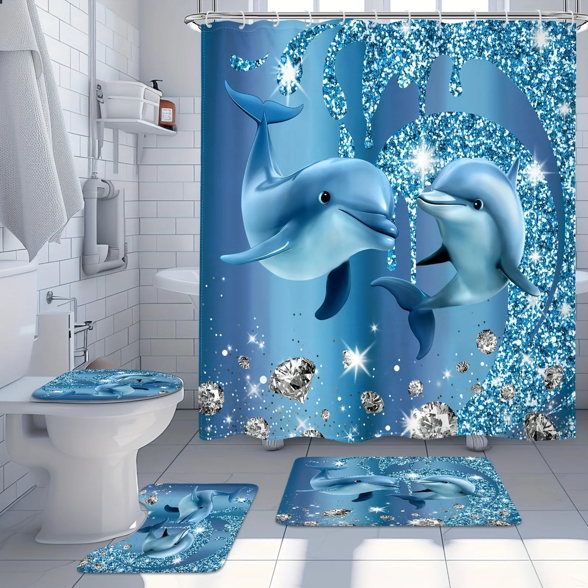 A blue dolphin shower curtain featuring sparkling blue and silver designs, with a matching bath mat on the floor.