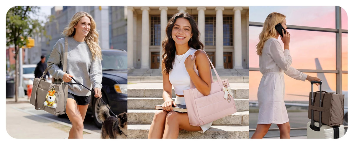 Three young women posing outdoors and near a building, holding or standing with a multi-functional boxy tote bag.