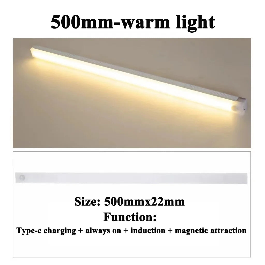 A 500mm warm light bar illuminates a wall, featuring Type-c charging and magnetic attraction functions.