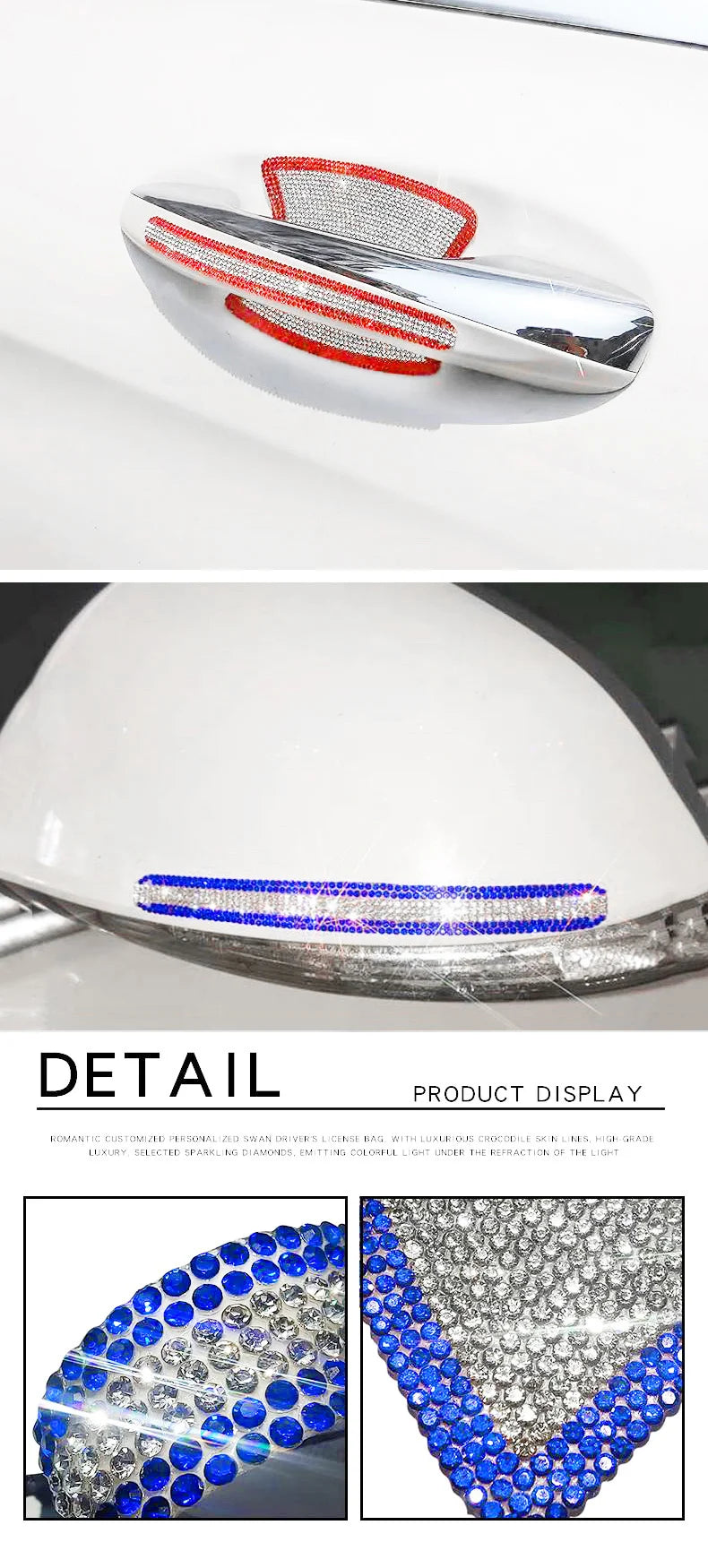 Close-up display of a silver car door handle scratch protection sticker set featuring red and blue diamond accents.