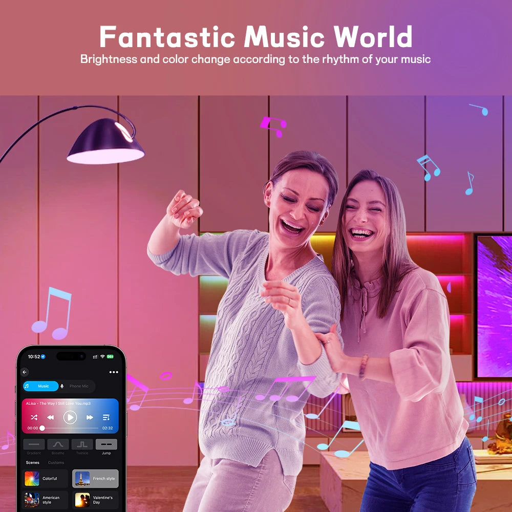 Two women are enjoying music with a light bulb that changes color according to the rhythm.