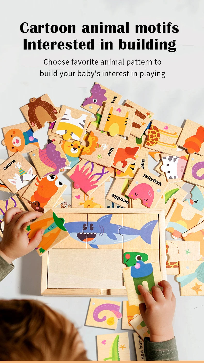 A child is assembling a wooden animal alphabet puzzle for early learning.