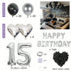 Set Partyballons in Silber und Schwarz, herzförmige Folienballons und Zahlenballons.