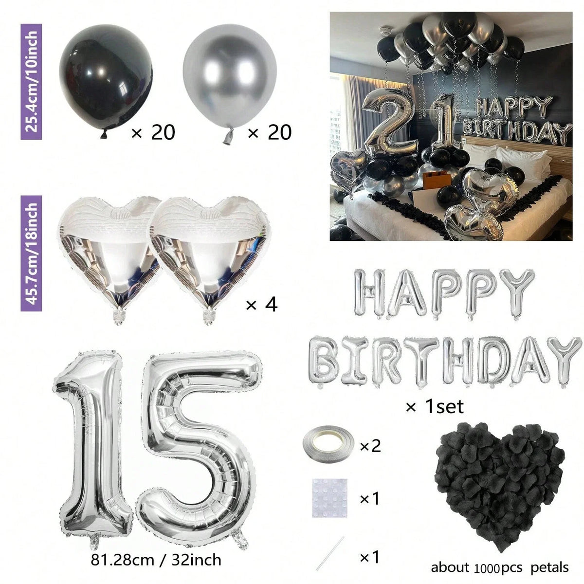 Set Partyballons in Silber und Schwarz, herzförmige Folienballons und Zahlenballons.