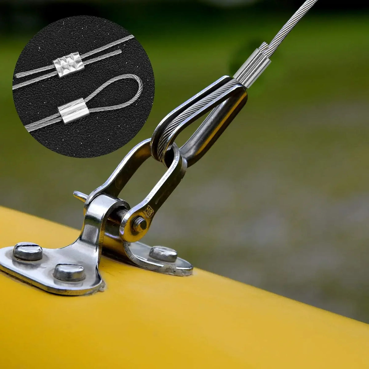 A close-up of aluminum double barrel crimp sleeves for wire rope, showing the crimping tool and the finished sleeves.