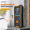 A handheld multifunctional wall detector device is shown being used to scan a wall surface.
