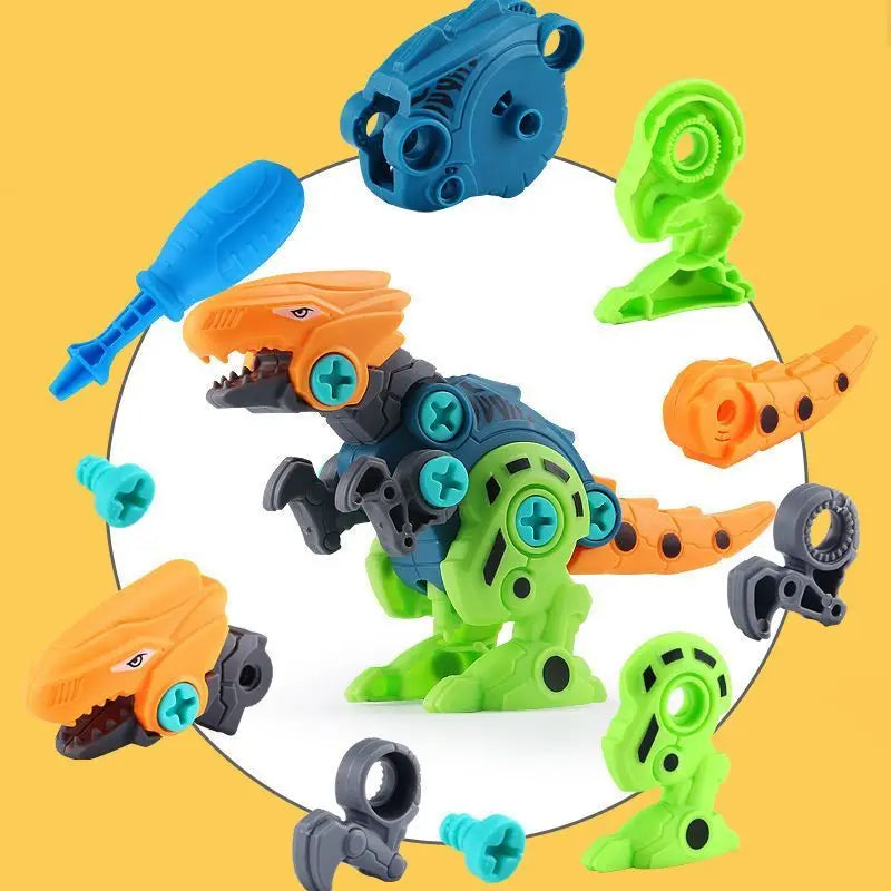 Gebäuderset eines transformierbaren Dinosaurierroboters mit mehreren farbigen Kunststoffteilen und Teilen.