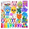 A colorful party pack of sensory fidget toys and stickers for kids, including various silicone and plastic items.