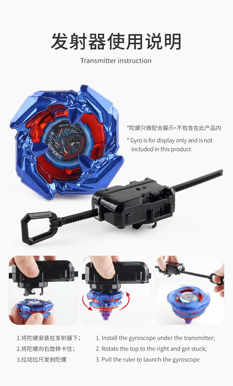 Instruction manual showing how to use a Beyblade launcher and gyroscope for the BX Bey Series.