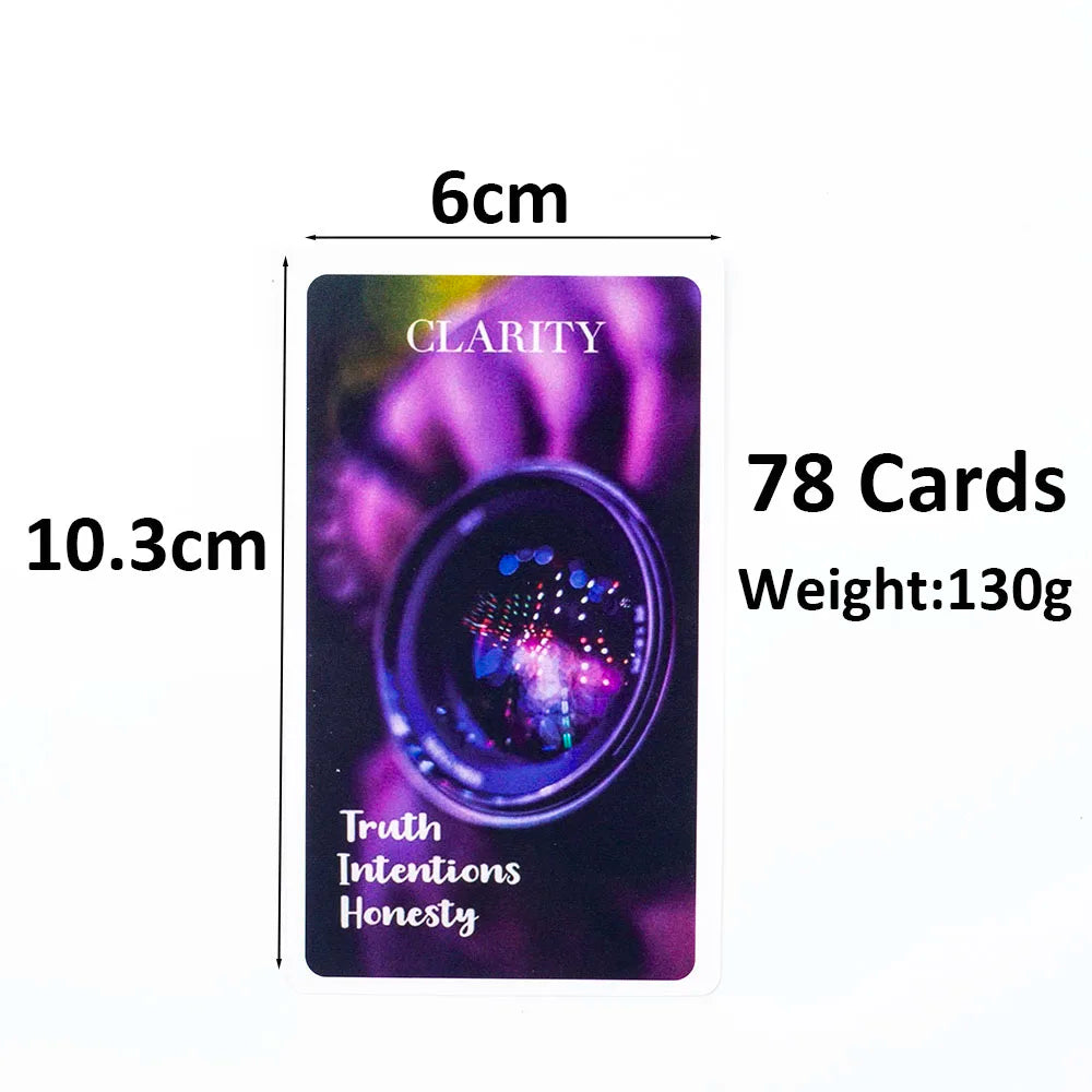 A rectangular deck of 78 glossy oracle cards titled Clarity, Truth, Intentions, and Honesty.