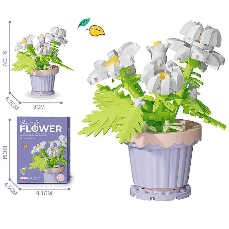 A set of flower pot building blocks featuring white and yellow flowers like roses, sunflowers, and carnations.